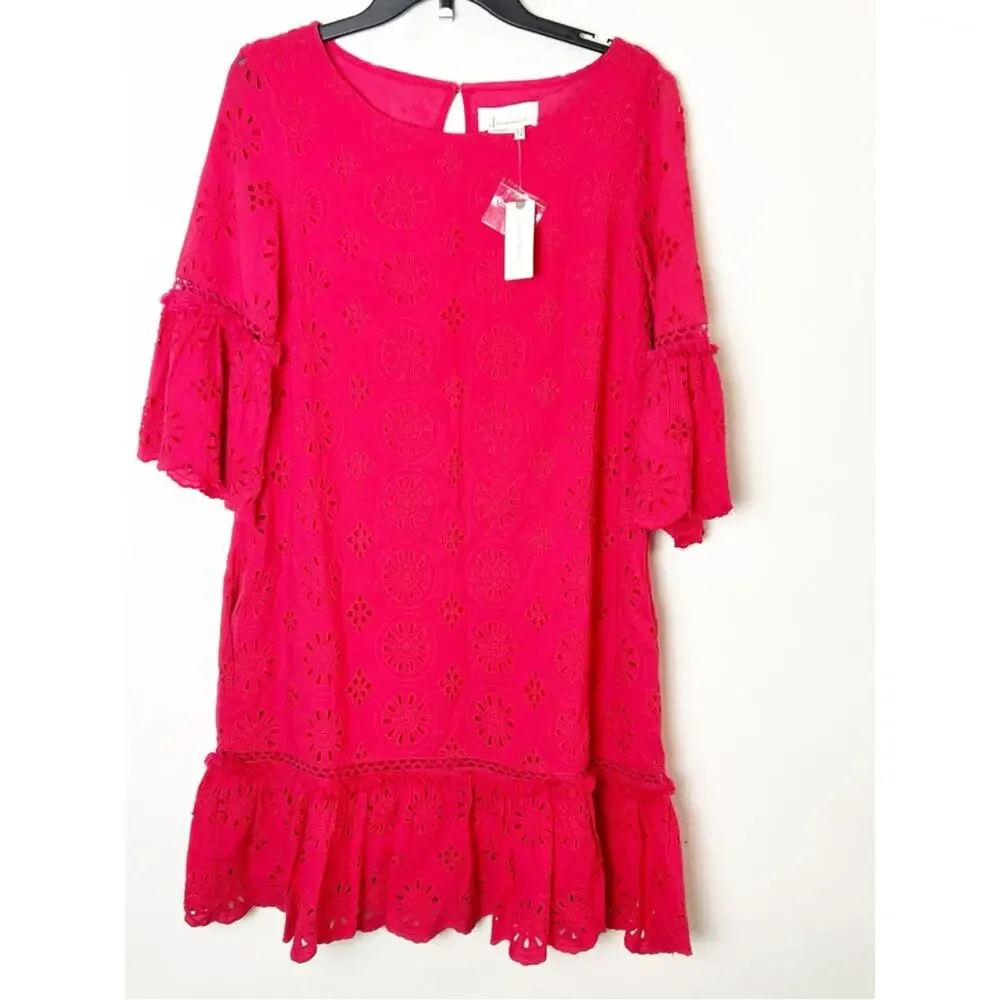 NWT SZ 4 Anthropologie Hot Pink Eyelet Ruffle Shift Dress